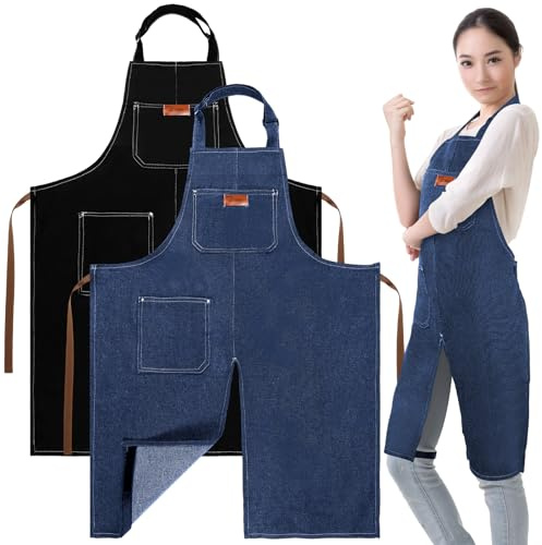 Cuffbow 2 Pcs Pottery Apron 35.4 x 27.6'' Denim Split Leg Apron with Tool Pockets Adjustable Strap Artist Potters for Ceramics Clay Tattoo Painting DIY, Blue, Black
