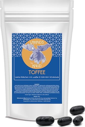 Lakrids Knud | 150g Lakritz Toffee Stäbchen - feine Lakritzstäbchen umhüllt von weißer Schokolade, Vollmilchschokolade und Toffeegeschmack; Gourmet Lakritzstücke mit angenehmen Kauwiderstand