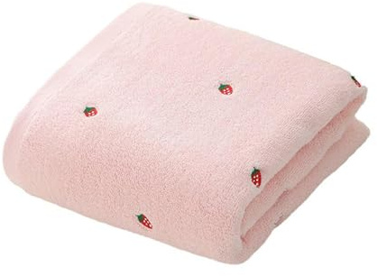 Guangcailun 2 teiliges, atmungsaktives und bequemes Baumwoll Badetuch für Damen, Handtuch Set mit Erdbeer Stickerei, Rosa 140 * 70cm