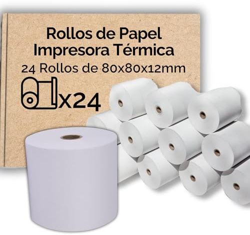 Pack 24 Rollos Papel Térmico 80x80x12 mm - Papel para Tickets de Impresoras, Cajas Registradoras, TPV - Sin BPA, Calidad y Durabilidad