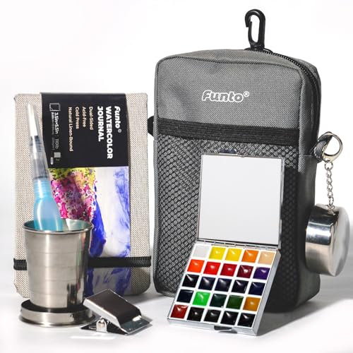 Funto Mini Watercolor Paint Set, Kit de peinture acrylique tout-en-un de voyage premium avec 24 couleurs, avec sac à bandoulière, carnet de croquis à l'aquarelle, pinceau à eau