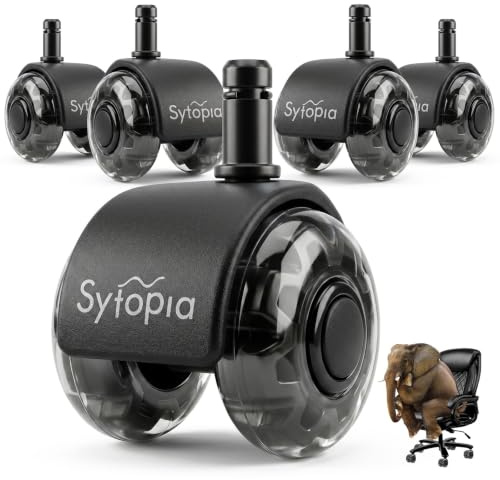 Sytopia Kontorsstolshjul med 10 mm x 22 mm stift, set om 5 rullar för 1KEA kontorsstolar, hjul för stolhjul, ersättning golvskyddsmatta, svart