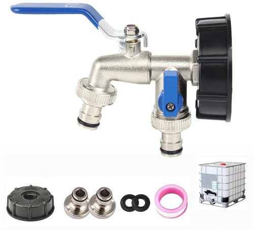 Rubinetto Giardino,Rubinetto Cisterna 1000L,Doppio Rubinetto 1/2 Pollice,Con Due Uscite da Valvola a Sfera da 3/4 Pollici,Adattatore Rubinetto Lega di Zinco,per Giardino,Lavatrice,Pioggia Barile