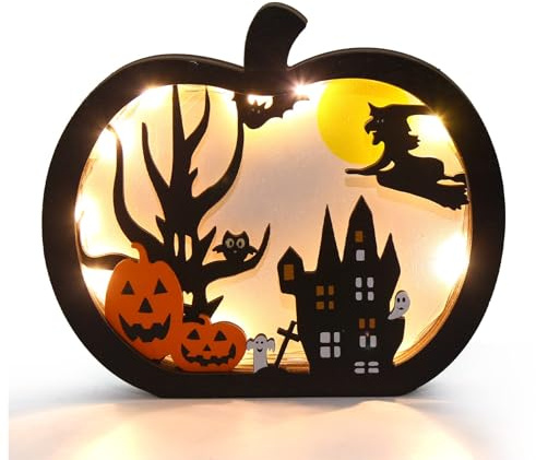 Halloween Wooden Decoration - LED Light Up Wooden Haunted House Decoraions for Halloween Thanksgiving Harvest Fall Autumn Tabletop