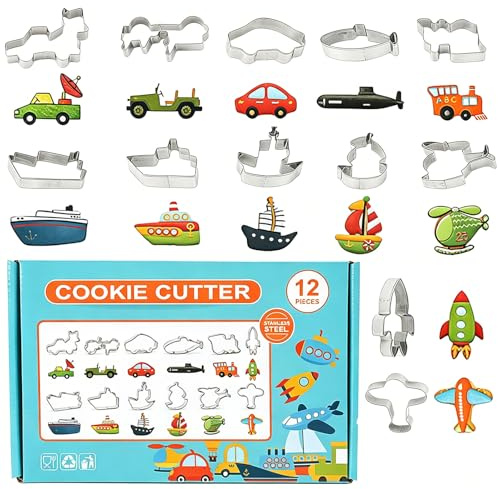 Consnew 12 Pcs Transportation Cookie Cutters Set, High Quality Stainless Steel Baking Molds, Family Biscuit Baking Tools for Cars, Planes, Ships, Trains, Perfect for Birthday Parties & Family Baking