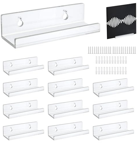 Foonary 12 pezzi Supporto per dischi da parete 10x3,5x3 cm con adesivo, supporto in acrilico per vinili senza forare, scaffale per CD e supporto per vinili da parete per esposizione e conservazione