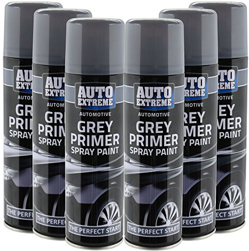 All Purpose Automotive Spray Paint 250ml Can Grey Primer Finish Aerosol Metal Interior Exterior Fast Dry Excellent Coverage Adhesion - Grey Primer - 6 Pack