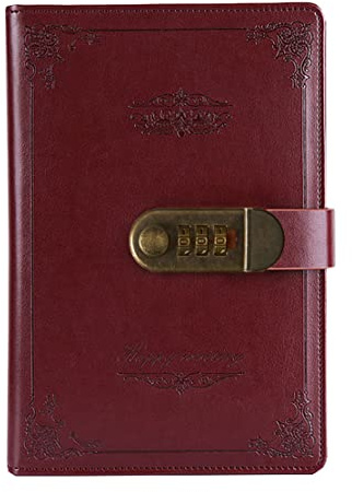 Ai-life Retro Vintage PU Leather Password Notebook Writing Notebook Planner Organizer with Combination Lock, A5 Size(215x150mm) Password Lined Diary with Coded Lock, Pen Holder, Red Wine