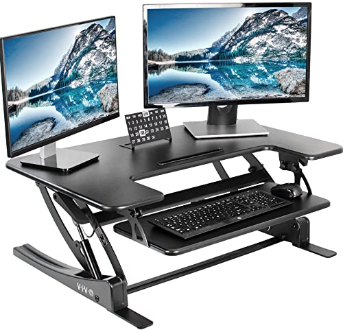 VIVO 91 cm höhenverstellbarer Steh-Sitz-Schreibtischaufsatz, V-Serie, Schnellwechsel-Tisch-Monitorständer für zwei Monitore, Schwarz, DESK-V000V