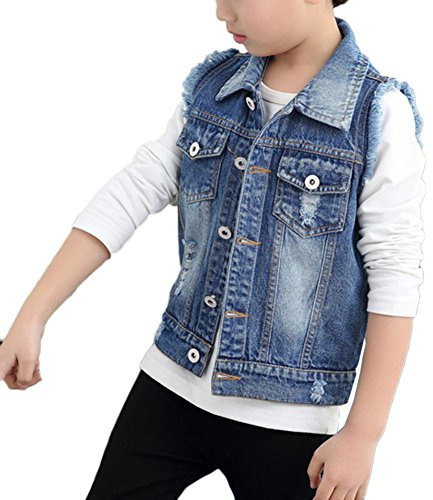 LaoZan Kinder Jungen Ärmellose Jeansjacke Jeansweste Denim Slim Fit Outwear Mantel Blau 130CM