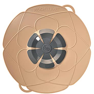 Kochblume das Original, Silikon Überkochschutz für Töpfe und Pfannen, Mikrowellen-Deckel, Spritzschutz und Dampfgar-Aufsatz | (Taupe, L | Topfgröße 14-24cm)