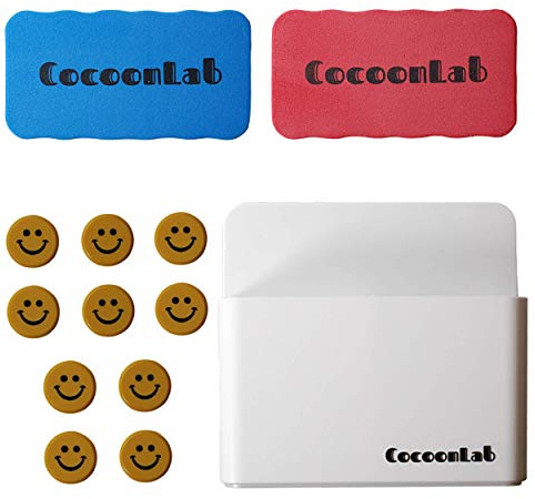 Cocoon Lab Porte Marqueurs Magnétique Pour Tableau Blanc Brosse Effaceur Tampon Aimanté Éponge Feutre Nettoyer Tableau Aimants Puissants Aimant Rond Original (Blanc - Kit complet)