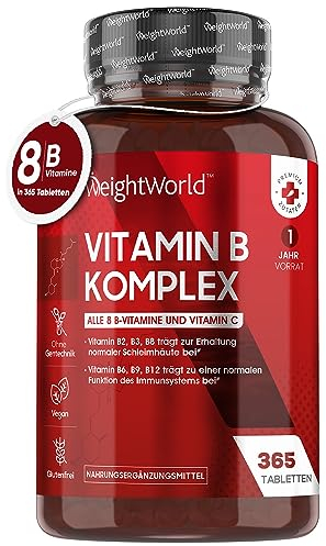 Vitamina B Complex con Vitamina C 365 Comprimidos Veganos Para 1 Año - Complejo B Completo con B1, B2, B3, B5, B6, B7 (Biotina), B9 (Ácido Fólico) y B12