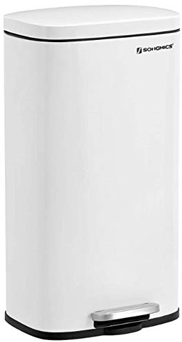 SONGMICS ULTB102W01 Mülleimer, Küchenabfalleimer, Edelstahl, mit Scharnierdeckel, Kunststoff-Inneneimer, Softverschluss, geruchsdicht, hygienisch, Weiß