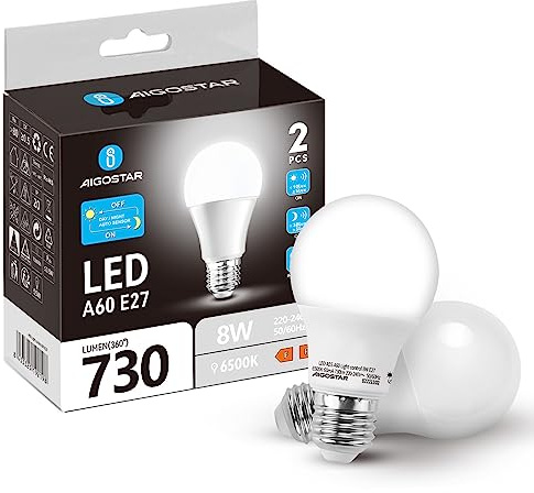 Aigostar Lampadina LED Sensore Crepuscolare, E27 Lampadina Con Sensore (6500K)