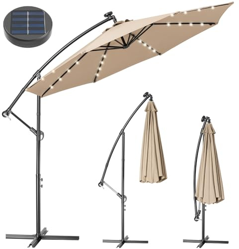 BAKAJI Sombrilla de jardín o terraza con luz 32 LED y panel solar, tamaño 3 x 3 m, plegable, poste lateral descentralizado de acero, base en cruz de tela anti UV, crudo con rayas, GENIAL, Moderno y