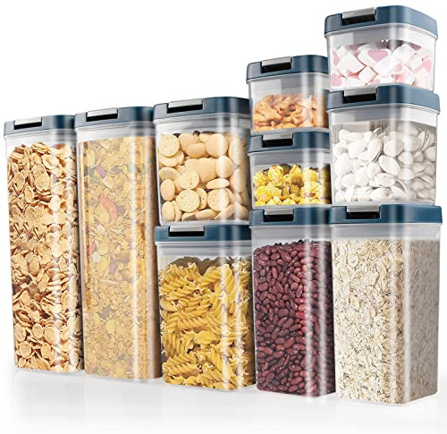 Contenitori Ermetici per Alimenti, 10 Pezzi Contenitori Plastica Cucina Organizer con Coperchio per Pasta, Farina, Cereali, Muesli