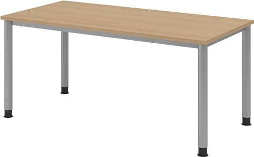 bümö höhenverstellbarer Schreibtisch H-Serie 160x80 cm in Eiche, Gestell in Silber - PC Tisch für's Büro manuell höhenverstellbar, Computertisch verstellbar