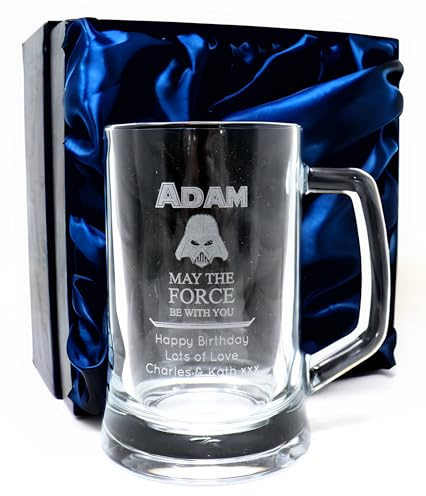 Regalo Personalised Engraved Pint Glass Tankard - Darth Vader Star Wars Design | Custom Laser Engraved with Any Name | 20oz Beer Mug with Handle | Approx. 15cm x 10cm (Silk Lined Gift Box)