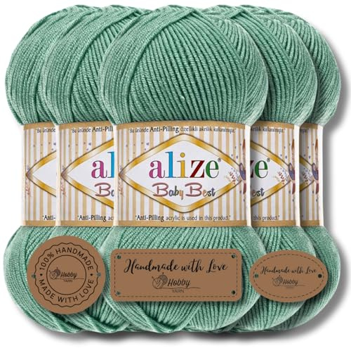 Hobby YARN 3x Etikettenlabel mit Alize Baby Best Wolle Premium 5x100g als Set | Antipilling Babywolle Acryl Uni & Batik Strickgarn zum Häkeln und Stricken (Light Aqua | 463)