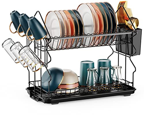 iSPECLE 2 Tier Dish Drainer Rack for Small Kitchens - Compact Dish Drying Rack with Drip Tray, Cutlery Holder & Chopping Board Holder, Rust-Resistant Metal for Kitchen Worktop, Black