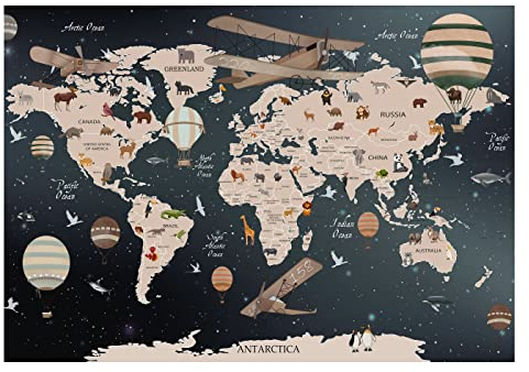 WallArena - Vlies Fototapete Kinderzimmer 312x219 cm Weltkarte Tiere Mädchen Kinder Babyzimmer Kindertapete - Fototapeten Tapeten für Kinder Kindertapete - Vliestapete Wandtapete Tapete 3D Effekt