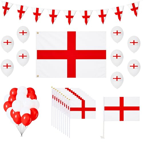 53Pcs Set England St George Party Decoration Set for FIFA 2026 World Cup – 5x3Ft England Flag, 10M/33Ft Triangle Bunting, Car Flag, Hand Flags and Balloons Decorations for Street Celebrations