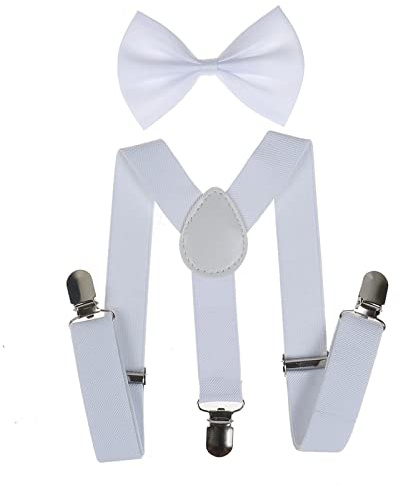 NiceYnn Ensemble Bretelles et Nœud Papillon Garçon Elastique et Longueur Ajustable pour Enfants 60cm S: Blanc