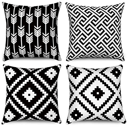 Hnmdmyi Kissenbezug Schwarz und Weiß 40x40 4er Set, Boho Kissenbezüge Modernes Geometrisches Muster Neutrale Dekorative Leinen Kissenhülle für Sofa Couch Bett Garten Outdoor Home Decor