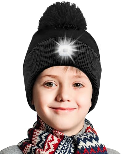 Deilin Bommelmütze Kinder, USB Wiederaufladbare Pom Strickmütze mit 4 LED Licht Unisex Winter Wärmer Beleuchtete Mütze mit Taschenlampe, Geschenke für Mädchen und Jungen, Schwarz