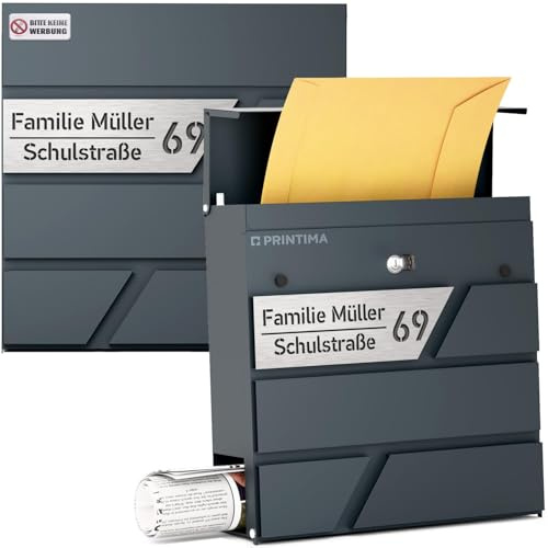 PRINTIMA Julia Personalisierter Briefkasten Anthrazit (RAL7016) mit Zeitungsfach: Wetterbeständigkeit, Eleganz, mit Realistischem Vorschau auf Personalisierung, 37x37x11 cm DIN EN 13724