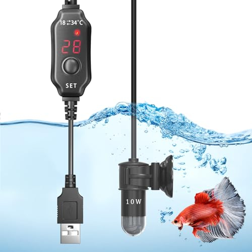 Bonlux USB Mini Aquarium Heizung 10W DC 5V, Submersible Aquarium Heater USB 3L 18-34℃Temperatur Einstellbar Mit Temperaturanzeige für Frisches Wasser