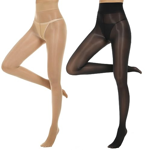 Yilanmy Damen Strumpfhose Glänzende Sexy Öl Glanz Strumpfhosen 15 Denier Hohe Taille Feinstrumpfhose Damen Ultradünne 2 Paare