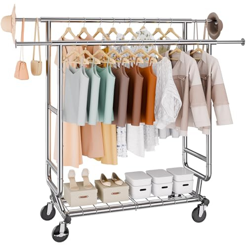 VEVOR Stand Appendiabiti a Rotelle Capacità Carico Statica Max. 272kg con Asta Laterale Piano Inferiore per Camera da Letto Soggiorno, Appendiabiti 4 Ruote Lunghezza 1282-1914 mm Altezza 1443-1867 mm