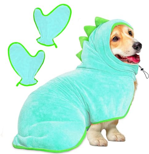 Bibykivn Accappatoio per Cani, Accappatoio per Cani Microfibra, Abbigliamento Asciugamano Morbida per Animali Dinosauro, Per Asciuga il Tuo Cane Dopo Aver Nuotato e Fatto il Bagno (M, Blu)
