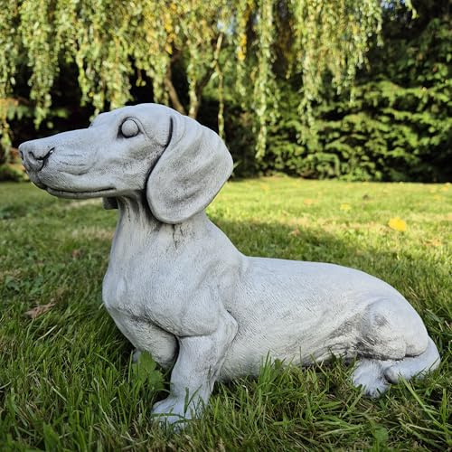 FABRIQ Deko Figur, Steinfigur, Dackel Figur, für draußen, Tiere, grau, wetterfest, schlicht, massiver Stil, Skulptur deko, L: 36cm W: 16cm H: 24cm Gewicht: 7kg