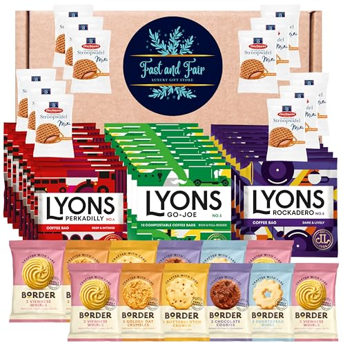 Lyons Coffee Gift Set - Hamper Selection of British Coffee Bags Bundled with Luxury Individually Wrapped Border Biscuits and Indulgent Caramel Stroopwafels | 48 Items in Bespoke Gift Box