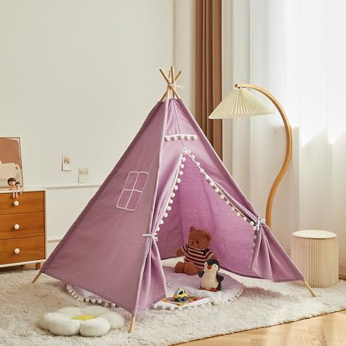 Herfair Tipi Zelt für Kinder Spielhaus Kinderzimmer Spielzelt mit Filzkugel Mehrere Farben Segeltuch Tipizelt Indoor Lesezelt&Spielzimmer Babyzimmer Deko für Kleinkinder 3-6 Jahre (Lila)