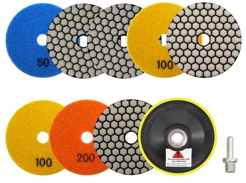 VENJELD Trockene Diamant Polierscheibe -8 Stücke Körnung 50x3/100x3/200x2 Polierpad 100mm mit M14 Gewinde Stützteller mit Adapter für Granit Marmor Kunststein Quarz für Winkelschleifer