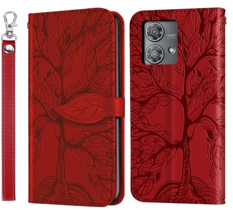 Rostsant Funda para Motorola Moto Edge 40 Neo Árbol en Relieve Carcasa de Cuero PU Motorola Moto Edge 40 Neo Cartera Magnético Funda Teléfono Billetera para Motorola Moto Edge 40 Neo Rojo