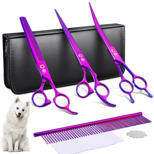 Purple Dragon 8 Hundescheren Set Profi 3 in 1 Fellschere Set für Hunde -Violett Hundeschere Set Gerade, gezahnte und gebogene Scheren sind enthalten Für Hunde für Katzen Und Andere Tiere