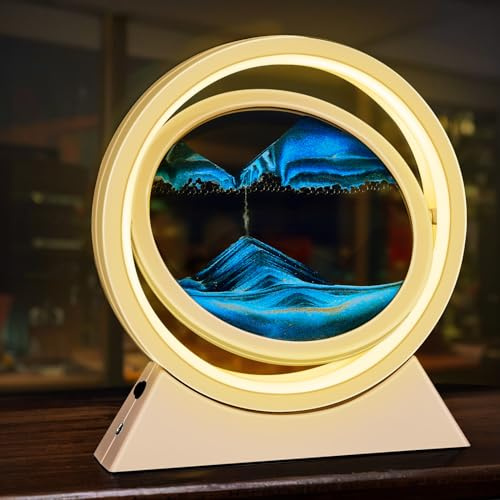 Ulikey Sandbilder Zum Drehen, 3D Dynamische Sandbild mit Led Licht, 10 Zoll Bewegende Sandkunst, Fließende Sandkunst für Kinder, Bewegliches Sandkunstbild Landschaft für Desktop (Orange blau)