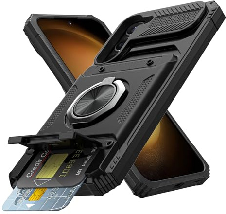 Coolden for Samsung S23 Case with Card Holder [Max 2 Cards] Ring Holder Kickstand Shockproof Military Grade Heavy Duty Protective Wallet Cases Cover for Samsung Galaxy S23 Case-Black