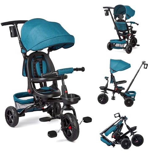 Dreirad 6 in 1 ab 9 Monate bis 5 Jahre, Kinderdreirad, Pedal Dreirad Kinderwagen Faltbar mit Schubstange, 360° Drehsitz, Sonnendach, Leise Räder, für Kinder unter 25kg