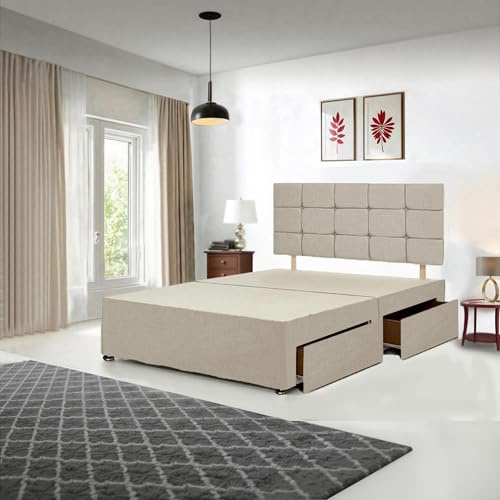 Divan Beds Deals | Luxurious Linen Look Cream Bed Frame | Bedroom Furniture Bed Frame With Cubic Headboard - Spacious 2 Storage Drawers (190Lx90Wx30H)