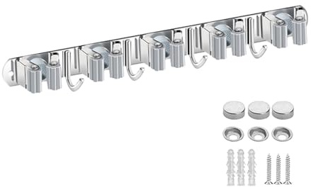 Mokife Besenhalterung Wand Edelstahl, Gartengerätehalter Wandhalterung mit 5 Halter 4 Haken, Besenhalter Selbstklebend, Werkzeughalter Organizer für Küche Bad Garage Garten Büro (5 Halter)