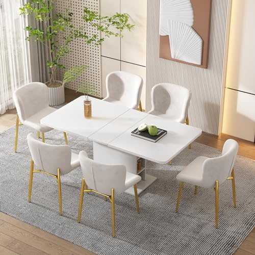Lexiou Ausziehbarer Esstisch, L110/130xW70xH75 cm, mit Stauraum, rechteckiger Esstisch, Kaffee-Freizeittisch, moderner einfacher aus Eisen, Platzsparender multifunktionaler (Weiß)