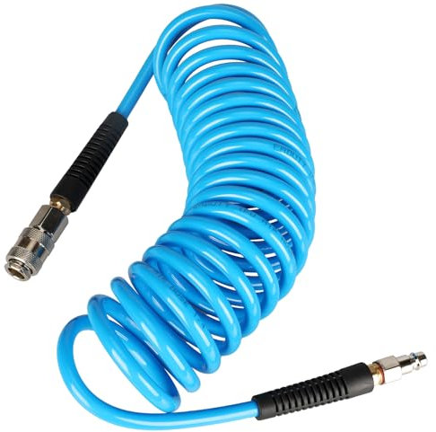 EADUTY Air Compressor Hose, Heavy Duty Polyurethane Recoil Air Hose 1/4 I.D by 5 M Length, 150 PSI Air Compressor Accessories with Bend Restrictors and 1/4 Euro Quick Connect Fittings. Blue