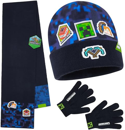 MINECRAFT Cappello Bambino o Invernale Accessori Bambini Set 3 con Sciarpa e Guanti, Set 2 Pezzi o 1 Pz Berretto, 6-14 Anni (6-14 Anni, Cappello Sciarpa Guanti Blu)
