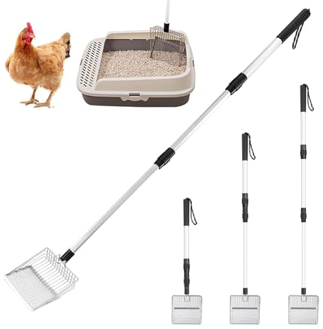 Kycklingspade 3-i-1 justerbar kycklingbajskopa, kycklinghus tillbehör för rengöring silspade för hönshus separation av kot och skräp av sand, kycklingströ, spade, tillbehör (silver)
